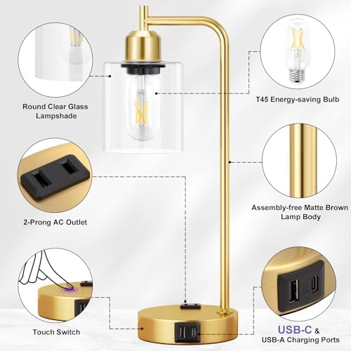 Innqoo Industrial Gold Table Lamp for Bedrooms Set of 2-3-Way Dimmable Desk Lamp with USB C+A Ports and Outlet, Gold Lamps with Clear Glass Shade for Living Room, Desk Lamps for Home Office - Image 4