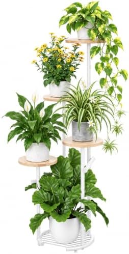 TOSKING 5-Tier Round Wood Corner Plant Stand Indoor, Anti-Tip, Oak & White by TOSKINGESSENCE