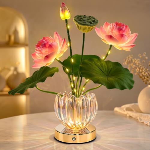 Flower Table Lamp, 3 Color Lotus Night Light, Rechargeable Cordless Touch Dimming Artificial Flower Light, LED Flower with Glass Vase Lamp for Girls Women Mom (Pink Lotus) by GOUTOOL