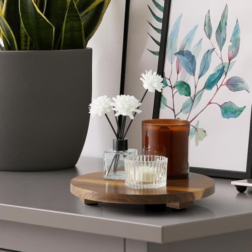 Small Round Decorative Tray Acacia Wood Bathroom Counter Organizer Pedestal Stand Farmhouse Kitchen Decor Wooden Riser for Soap Dish, Perfume, Candle, Sponge, 9" - Image 4