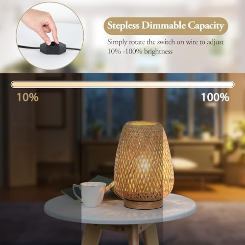 Rattan Table Lamp, Stepless Dimmable Small Beside Lamp, Vintage Wicker Wooden Nightstand Boho Bamboo Woven End Table Lamps for Bedroom Living Room Desk Kids Room, 2700K T45 LED Bulb Included - Image 2