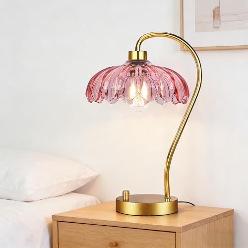 ILLMTW Pink Table Lamp Set of 2,Small Gold Bedside Lamps Dimmable Flower Bedroom Lamp with Glass Lamp Shade,Boho Vintage Mid Century Modern Mini Nightstand Lamp for Bedroom Living Room - Image 7