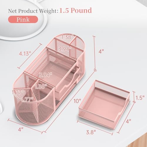 SUPEASY Mesh Desk Organizer, Pen Holder for Desk with 2 Drawers, Pink - Image 3