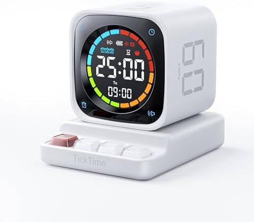 TK3 Pomodoro Timer Cube, Desk Productivity Timer with 5/10/30/60 Min Presets, Custom Countdown, Stopwatch, Clock, 3 Alarm, Silent, Vibrate & Sound Alert, for Task, ADHD, Study, Kitchen, White by TickTime