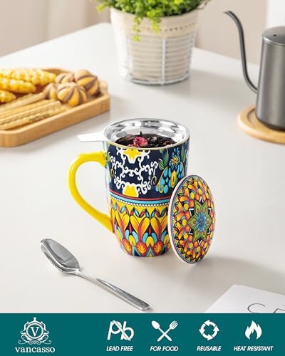 vancasso 18 Oz Tea Infuser Mug with Lid, Golden Lotus Mirage - Image 3