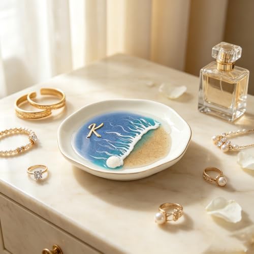Small Jewelry Tray Ring Holder Dish – Ocean Resin Beach Earring Necklace Organizer, Ceramic Vanity Tray for Bathroom Sink, Nightstand, Entryway Key Bowl (K) - Image 2