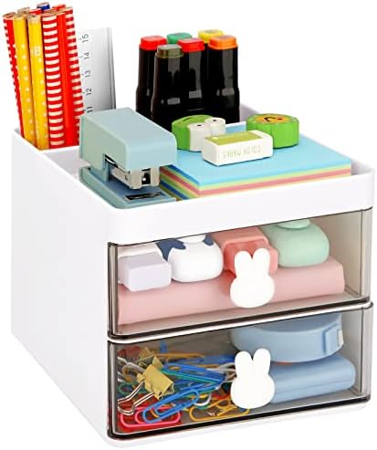 LETURE Small Desk Organizer With Drawer, Office Desktop Storage Box, Business Card/Pen/Pencil/Mobile Phone/Stationery Holder Storage Box, Makeup Organizer for Office School Home (White) by LETURE