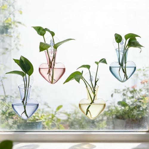 Bunmery Window Propagation Stations, 4 pcs Colored Heart Plant Propagation Station with Suction Cups, Easy to Install Window Hanging Planer, Indoor No Nails Glass Vase Terrarium for Plants&Flowers by Unknown