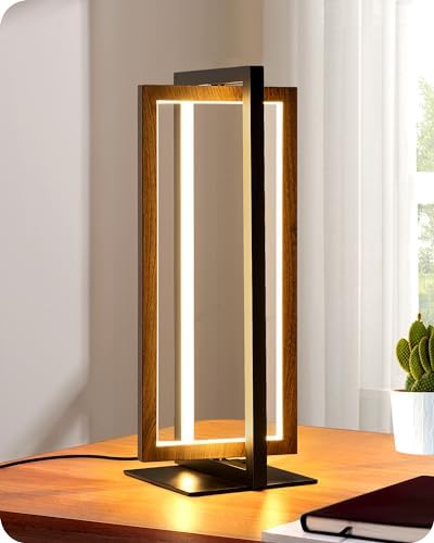 EDISHINE Modern LED Table Lamp, Minimalist Bedside Lamp, Walnut Wood Grain by EDISHINE