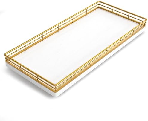 Bathroom Toilet Tank Tray, 13" Wood Toilet Paper Storage Basket Tray Back of Toilet Basket Organizer,Vanity Tray for Perfume Makeup Candle Decor, Gold & White - Image 2