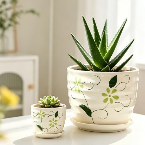 Vintage Flower Pots for Indoor Plant, Round Ceramic Plant Pots with Drainage Holes and Saucers, 6.7/5.2/3.9 Inches Retro Flower Planters Set of 3 - Image 3