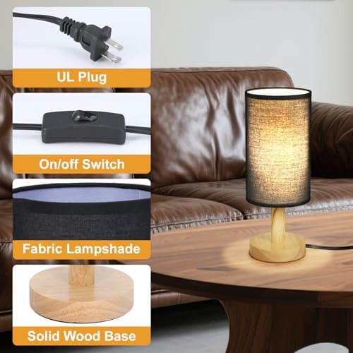 Black Small Bedside Table Lamp for Bedroom,Natural Round Wood Base&Fabric Linen Shade,Cozy Night Table Light for Study Reading,Minimalist Boho Desk Lamp for Nightstand,Living Room,Nursery,Kitchen,Dorm - Image 5