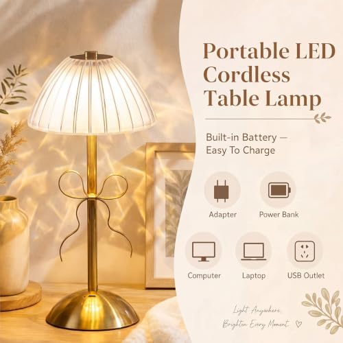 Liliful 2 Pcs Cordless Table Lamp LED Touch, Gold, Mushroom Style Bow - Image 3