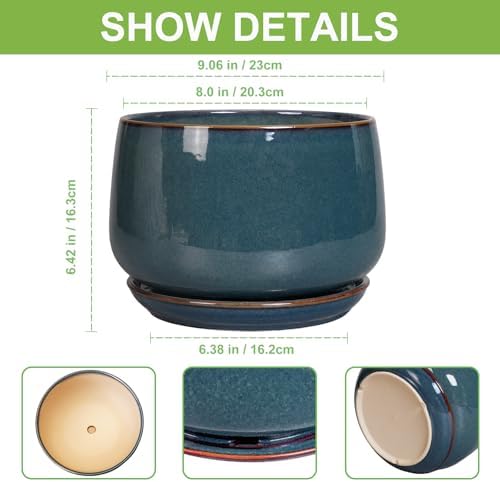 G EPGardening Ceramic Plant Pots - 9 Inch Round Modern Planter Indoor with Drainage and Tray for Indoor Outdoor Flower, Office Decor, Gardening Gifts, Retro Blue - Image 3