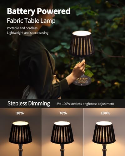 KDG Mottled Silver Cordless Table Lamps Set of 2, Black Fabric Shade Light - Image 4