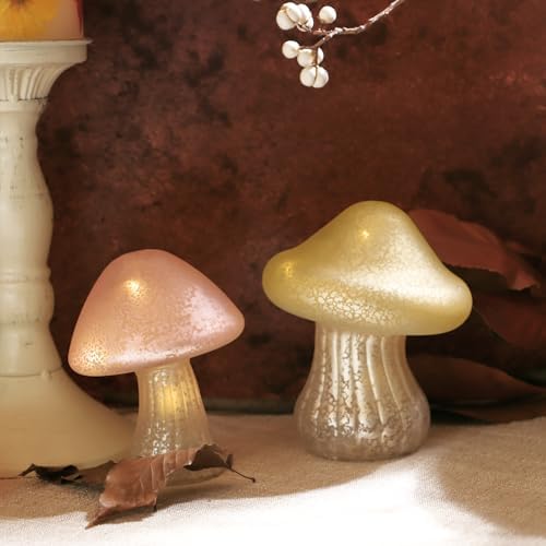Glass Small Mushroom Table Lamp - Mushroom Night Light Battery Operated Warm Amber Glow Cute Bedside Lamp for Kids & Adults Mushroom Gifts Portable Cute Mushroom Decor for Bedroom - Image 6