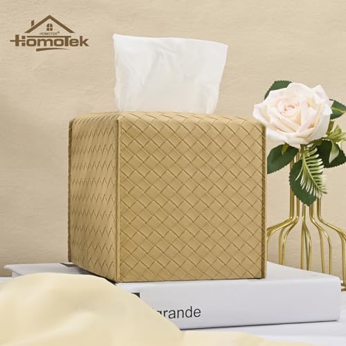 HOMOTEK 2 Pack Tissue Box Cover, Square PU Leather Tissue Holder, Decorative Facial Tissue Cube Paper Organizer Dispenser for Bathroom, Night Stands, Desk, Car 5X5X5'' - Woven Waffle,Camel - Image 4