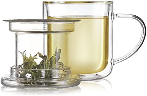Teabloom Heatproof and Insulated Borosilicate Glass Tea Cup with Infuser for Whole-Leaf Loose Tea – Tea Purist's Choice – Wellbeing Double-Walled Infusion Mug with Lid (8 oz) by Teabloom