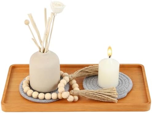 Wooden Candle Tray Holder 14 * 7 * 0.8 Inch Rectangular Decorative Serving Trays for Coffee Table Centerpiece Home Decor Wood Table Tray for Kitchen Counter with Beads Decor and 2 Coasters by Unknown