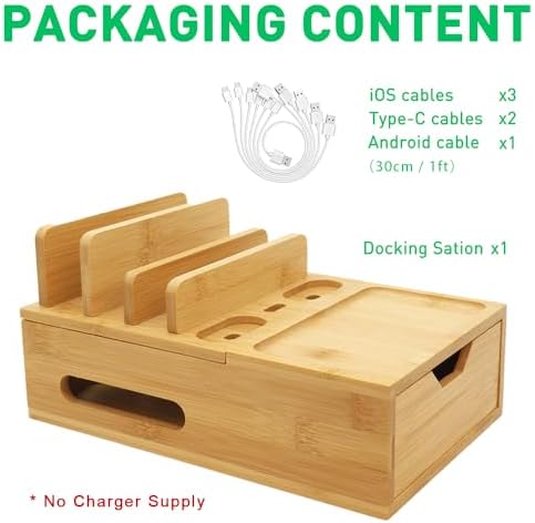 Bamboo Charging Station for Multiple Devices, Desktop Wood Charger Organizer with Drawer & Tray -Included 6 Cables, Compatible with Multi Devices, Cell Phone, Tablet, Earphones (No USB Charger) - Image 4