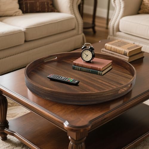 19.6" Extra Large Round Wooden Decorative Tray with Handles,Wood - Image 3