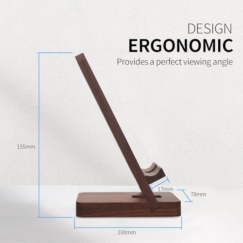 Wood Phone Stand with Mirror, Desktop Wooden Phone Holder, Portable Office Phone Stand for Desk, Wood ipad Stand， Compatible with iPhone & All Cell Phones(Walnut with Mirror) - Image 6