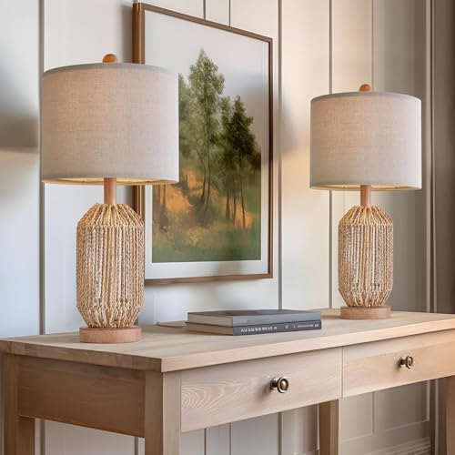 OYEARS 21" Boho Table Lamps Set of 2 for Living Room, Bedside Lamps for Nightstand, Rattan Lamp for Bedroom, Farmhouse Table Lamps for Boho Decor, End Table, Retro, Brown by OYEARS