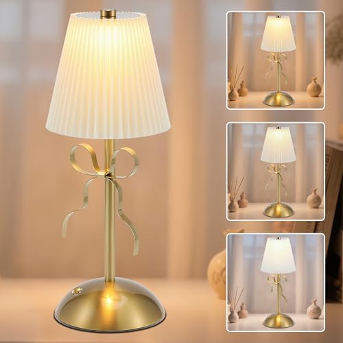 Cordless Table Lamp, Small Gold Bow Night Light, LED Rechargeable by FortuneShun