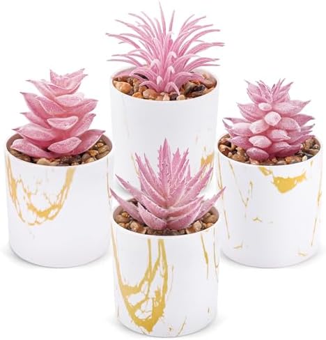 Der Rose 4 Pack Pink Fake Plants in Gold Accent Pots for Office Desk Decor by DerRose