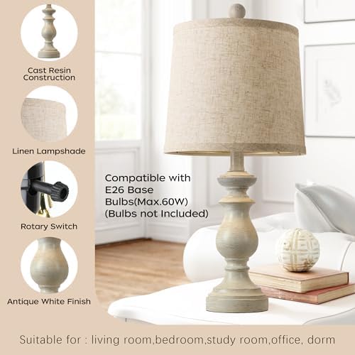 PARTPHONER Traditional Table Lamp Set of 2, Rustic Farmhouse Table Lamps for Living Room Bedroom, 22" Bedside Desk Lamps Vintage Nightstand Lamps with Linen Shades, Antique White - Image 3