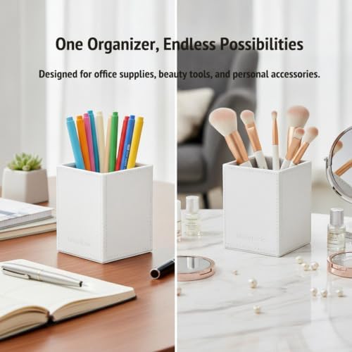 UnionBasic Square Pen Holder, Leather Pencil Cup, Desktop Caddy Stationery Organizer, White - Image 2