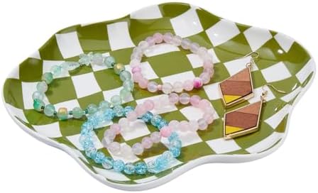 DICOSMETIC 1Pc Ceramic Jewelry Dish Olive Checkered Trinket Tray Organizer Small Cloud Trinket Holder 9.06x7.48x1.02 Inch Decorative Jewelry Plate for Key Ring Earring Home Bathroom Bedroom by DICOSMETIC
