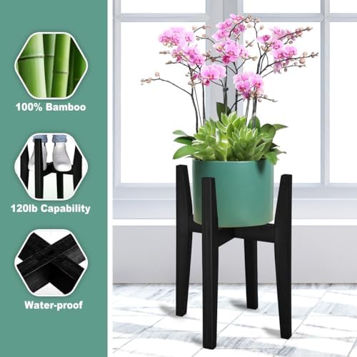 Rnined Plant Stand Indoor, Bamboo Plant Shelf, Adjustable Corner Plants Flower Holders Single Floor Plant Stand, Fits 8 to 12 Inches Pots,(Pot & Plant Not Included)(Black) - Image 3