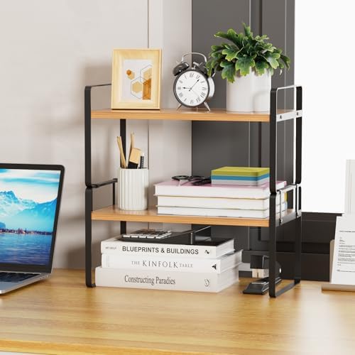 YGYQZ Desk Shelf Organizer, 2-Tier Desktop Bookshelf, Black & Wood - Image 2