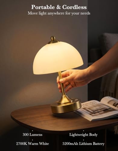 ROTTOGOON Cordless Table Lamp, 5200mAh Gold Rechargeable Battery Operated Lamp, 3-Way Dimmable Touch Lamps, Small Glass Bedside Nightstand Light for Bedroom Dining Table Living Room - Image 5