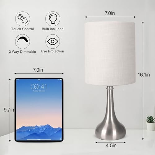 Touch Control Table Lamp, 3 Way Dimmable Simple Night Light Lamp with White Lampshade Silver Metal Base, Small Bedside Table Lamp for Bedroom, Office, Dorm, A19 9W 3000K Bulb Included - Image 2