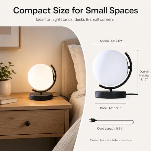 Black Globe Table Lamp, Plug-in Bedside Lamp, E12 Frosted Glass Shade - Image 3