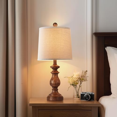 PARTPHONER Traditional Table Lamp Set of 2, Rustic Farmhouse Table Lamps for Living Room Bedroom, 22" Bedside Desk Lamps Vintage Nightstand Lamps with Linen Shades, Wood Grain - Image 5