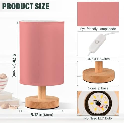 DOMIKING Light Coral Print Bedside Table Lamp for Bedroom Small Lamps for Nightstand Lamp with Round Fabric Shade Bedroom Lamps for Living Room Nursery Dorm Office Party - Image 3