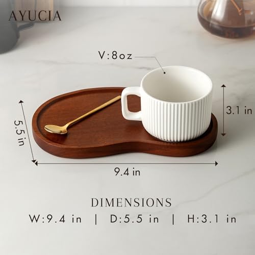 Pretty Ceramic Coffee Cups with Solid Wood Plates Set of 2 for Tea/Coffee Break, 8OZ White Cappuccino Cups with 9.4inch Acacia Serving Saucers and Spoons for Latte Dessert Breakfast - Image 7