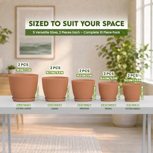 Plant Pots Indoor with Drainage 10 Pack Multi-Size Planters Set Terracotta - Image 2