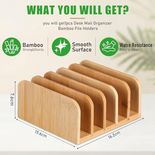 Lineshading Bamboo Letter Organizer, 5 Compartments Desk Mail Organizer, Desktop Envelope Holder and Letter Sorter, Countertop Paper File Holders with Anti Slip Mat for Home Office(Bamboo Color) - Image 5