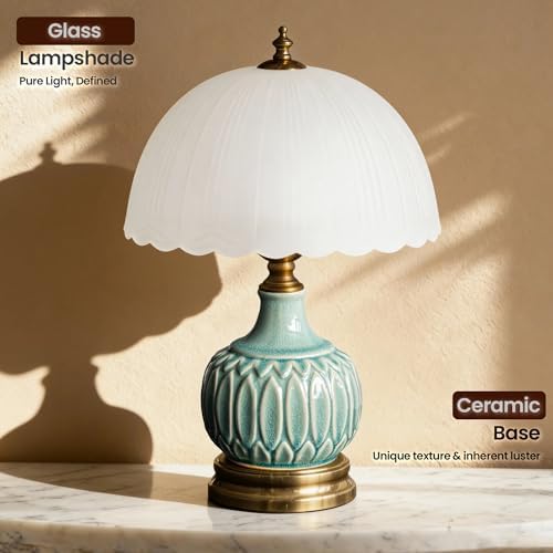 Vintage Green Ceramic Small Table Lamp with White Glass Shade - Image 2