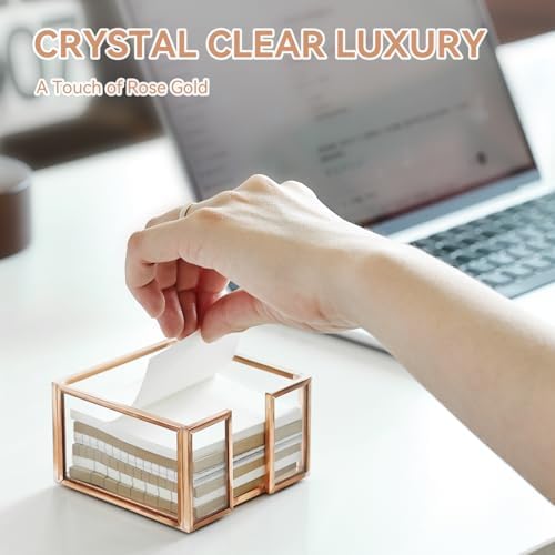 Rose Gold Glass Sticky Note Holder for Desk, Elegant Sticky Note Dispenser Organizer for 3x3 Inch Pads, Cute Clear Notepad Note Holder with Non-Slip Pads, Modern Luxury Office Decor Gift for Women - Image 4