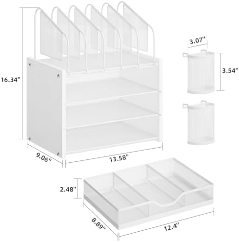 Marbrasse Desk Organizer with Drawer, 4-Tier Wooden File Organizer with 5 Vertical File Holders and 2 Pen Holders, Desk Organizers and Accessories for Home Office - White - Image 6