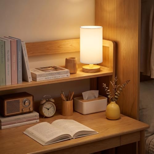 Fenmzee 8.5" Small Table Lamp for Bedroom - White Shade & Wood Base - Image 4