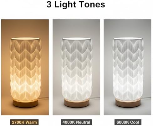 Small Bedside Lamp for Nightstand, 3D Printed Mini Table Lamp, 3 Color Temperatures Warm to Cool White, Cozy Small Lamp for Bedroom Dorm Tight Spaces, Ash Wood Base, 8.8 Inch Tall - Honeycomb - Image 4