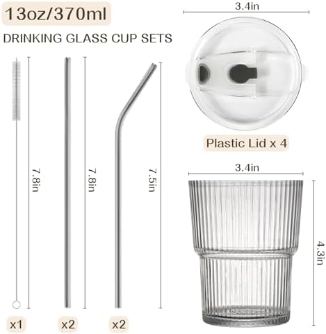 13oz Iced Coffee Cups,4Pcs Glass Cups with Lids and Straws Drinking Glasses,Clear Ribbed Glassware,Reusable Tumbler Glass to Go Cup for Matcha, Iced Tea,Juice - Image 2