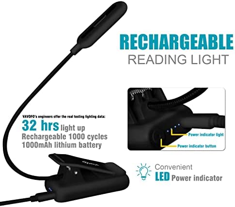 VAVOFO Rechargeable Reading Light, 7 LEDs with 9 Color Temperature 9 Brightness Levels Clip On Book Light for Reading in Bed with Power Indicator for Bookworms (Black) - Image 4