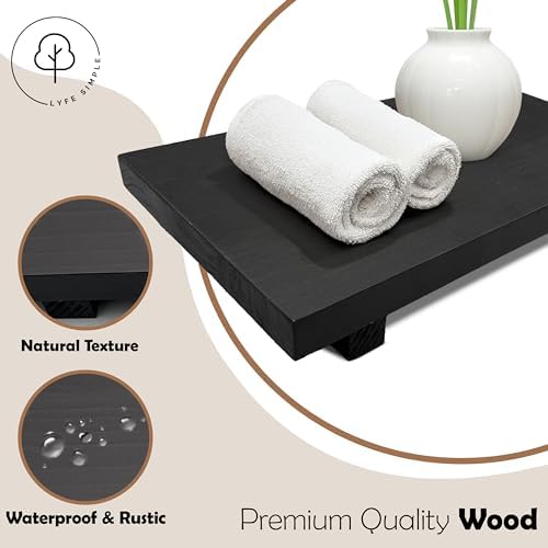 Rustic Wood Pedestal Stand - Handmade Small Decor Tray - Soap Tray for Kitchen Sink, Bathroom - Black, 12 x 7 x 1.5 Inch - Image 3